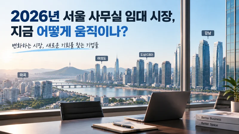 서울 주요 업무지구가 보이는 도시 전경과 함께 권역별 사무실 임대료 시세를 표현한 이미지