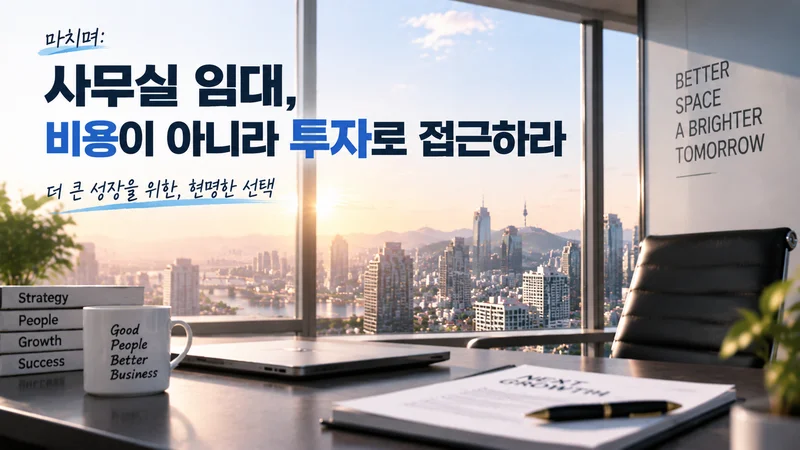 현대적인 사무실 내부와 도시 전망, 전략 문서와 노트북을 통해 사무실 임대를 기업 성장 투자로 표현한 이미지
