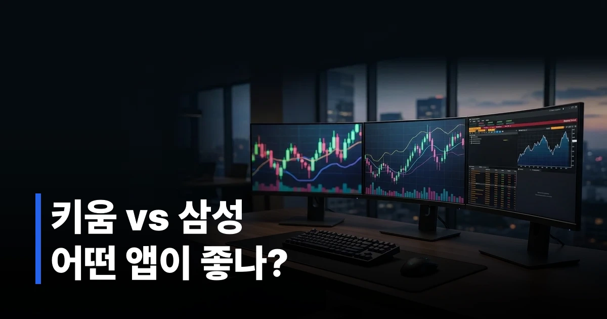 여러 대형 모니터에 주식 차트와 HTS 프로그램이 띄워진 트레이딩 데스크