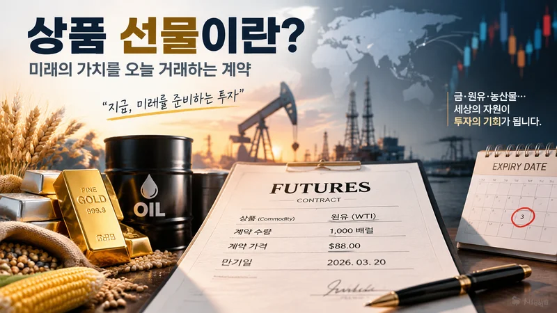 상품 선물 계약서와 금·원유·농산물을 배치해 미래 가치 거래와 선물 계약의 기본 개념을 보여주는 금융 이미지