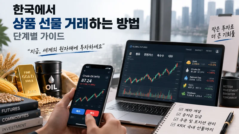 노트북과 스마트폰 거래 화면, 원자재 아이콘을 통해 한국에서 상품 선물을 거래하는 단계별 과정을 표현한 이미지