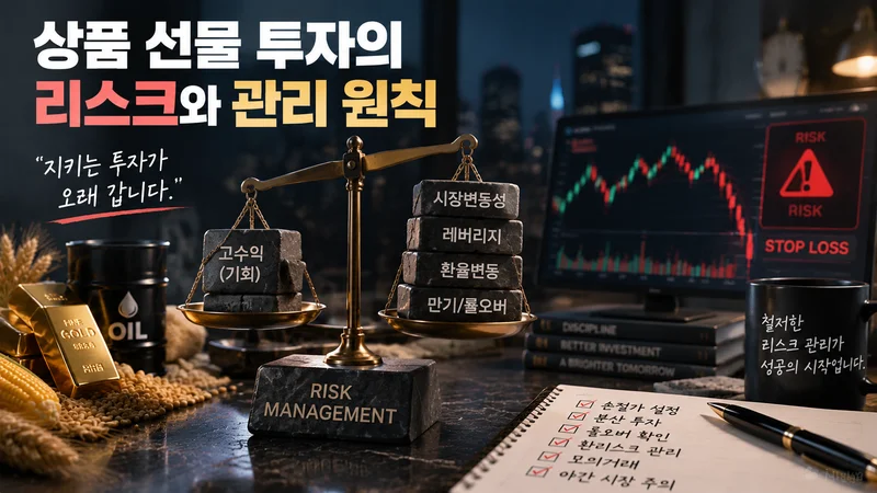 저울과 위험 경고 차트, 손절 관리 요소를 활용해 상품 선물 투자의 리스크 관리 원칙을 나타낸 금융 이미지