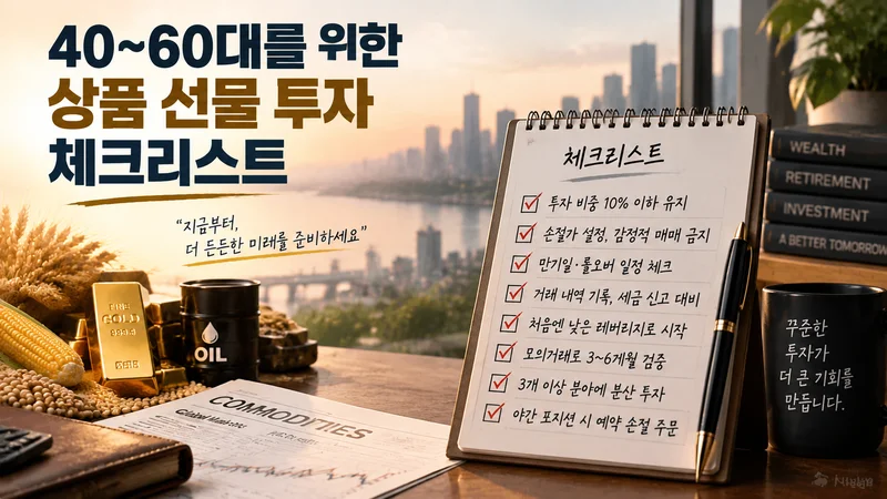 체크리스트와 금·원유·농산물 자산을 배치해 40~60대를 위한 상품 선물 투자 관리 원칙과 분산 투자를 표현한 이미지