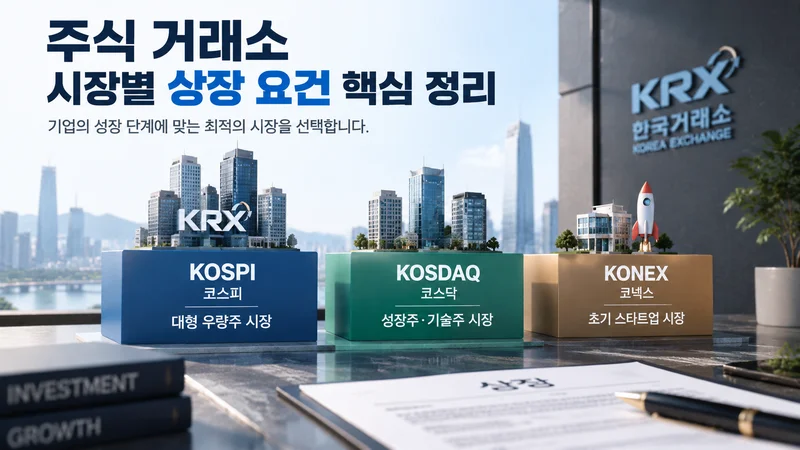코스피·코스닥·코넥스 시장별 상장 요건을 표현한 이미지로 세 가지 성장 단계 플랫폼과 상장 서류가 배치된 금융 장면