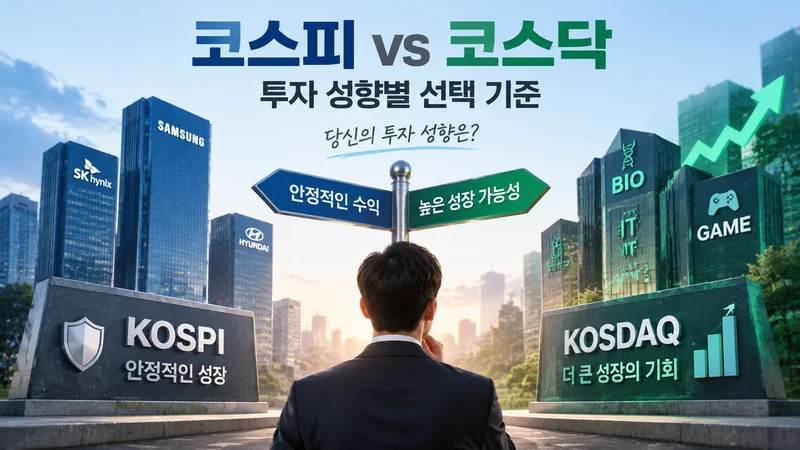 코스피와 코스닥 투자 성향 비교를 표현한 이미지로 안정 성장과 높은 성장 가능성을 선택하는 투자자의 모습이 담긴 금융 장면