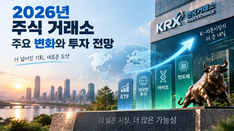 2026년 주식 거래소 변화와 투자 전망을 표현한 이미지로 ETF·외국인 투자·바이오·반도체 성장 요소와 KRX가 나타난 금융 장면