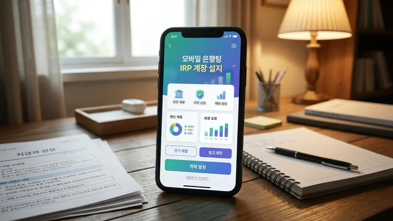 한국 가정의 책상 위 스마트폰 화면에 표시된 IRP 모바일 가입 인터페이스