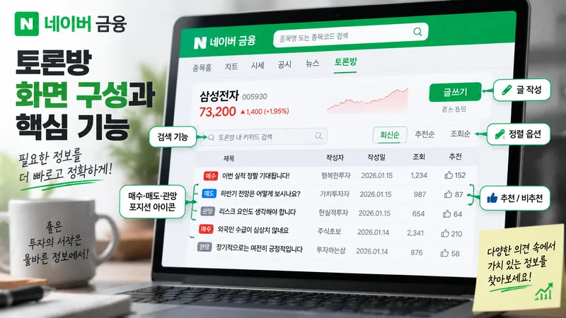 네이버 종목 토론방 화면 구성과 검색, 정렬, 추천, 글쓰기 기능을 설명하는 금융 서비스 인터페이스 이미지