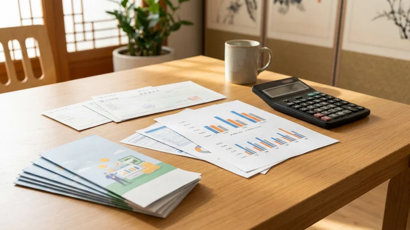 정기예금 통장과 금리 하락 트렌드를 보여주는 한국 금융 자료와 계산기