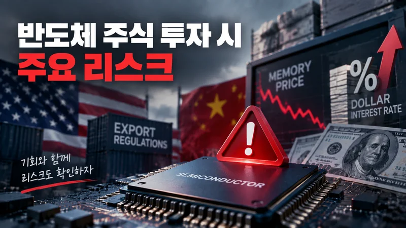 미·중 갈등과 수출 규제, 메모리 가격 변동, 금리 리스크 등 반도체 주식 투자 위험 요소를 나타낸 이미지