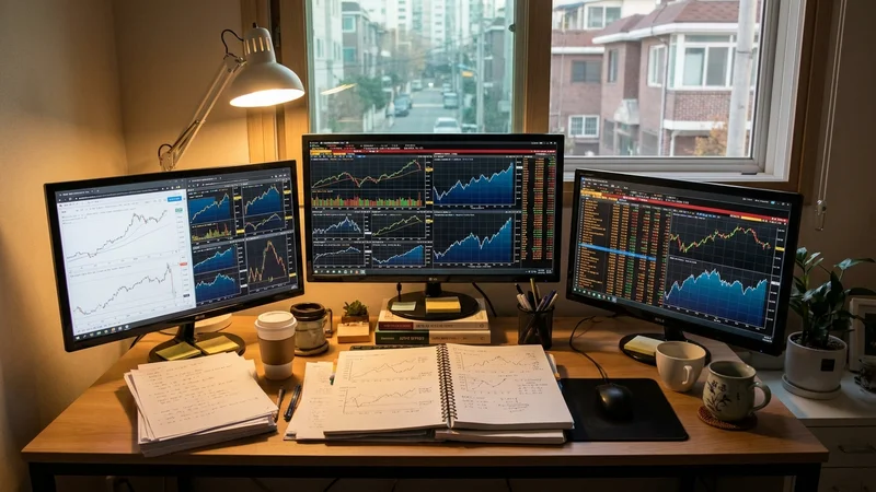 유럽 ETF 포트폴리오 분석 자료와 여러 모니터가 놓인 투자 환경