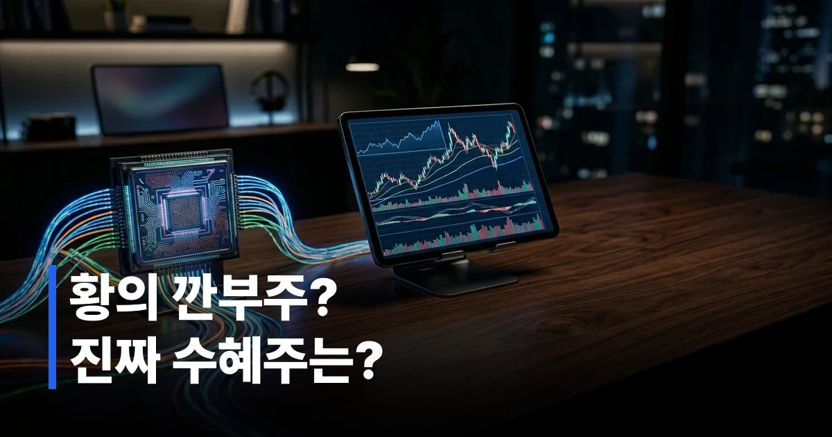 젠슨황 테마주 변동성을 나타내는 금융 차트와 디지털 기술 장비