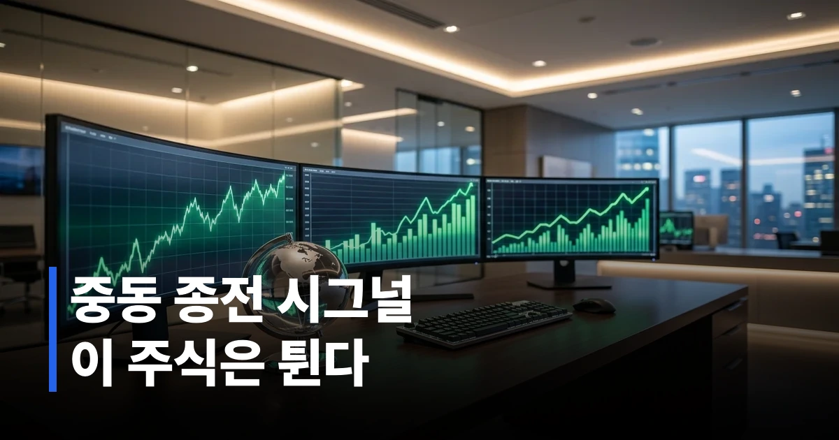 중동전쟁 종전으로 반등하는 주식 시장과 유가 하락 그래프를 묘사한 이미지