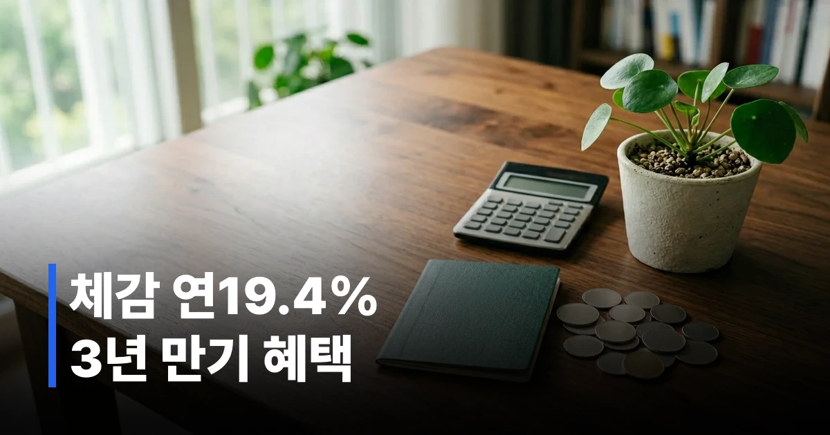 청년미래적금 관련 금융 서류와 이율 계산기 및 동전들이 놓인 책상의 모습