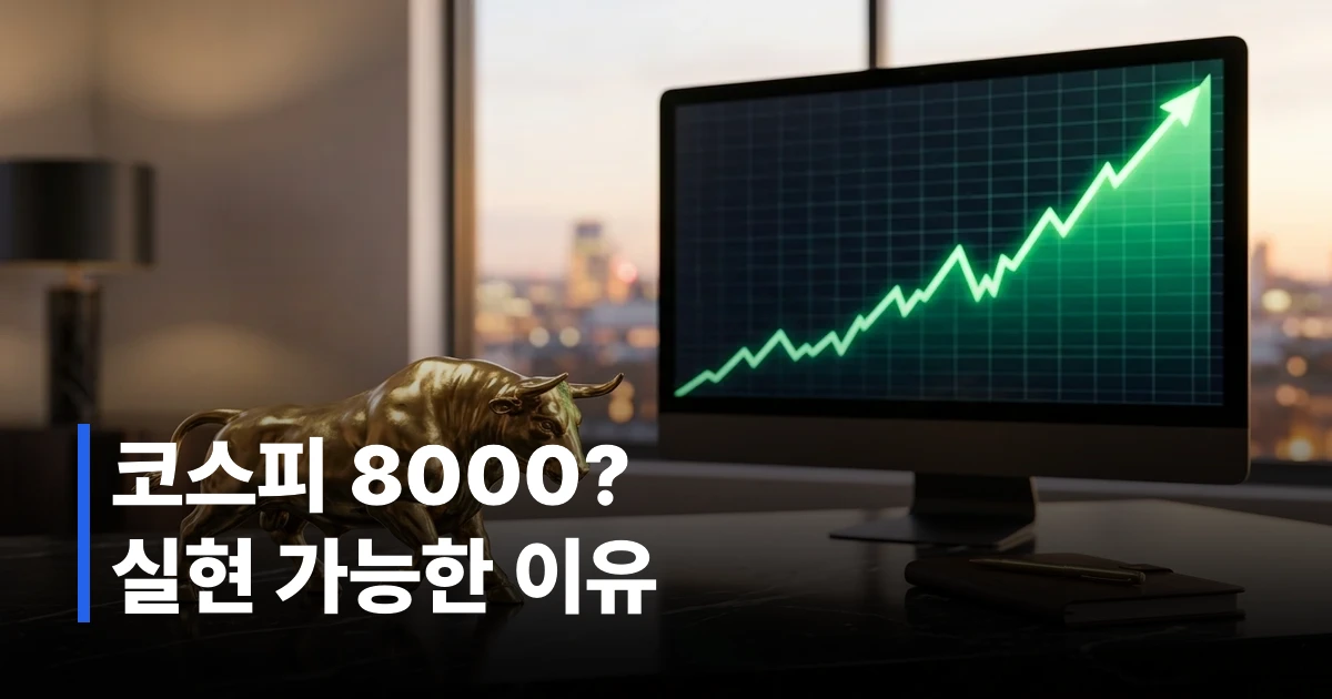 상승세를 그리는 주식 시장 그래프와 책상 위의 금빛 황소 조형물