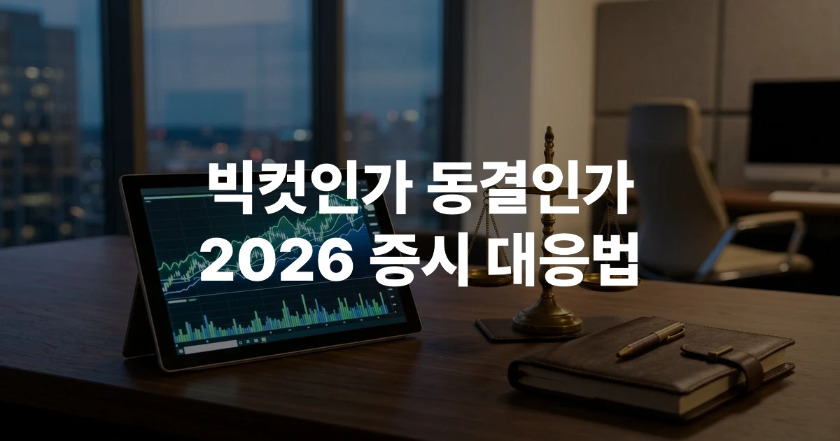 금리 인하와 증시 변동성 분석을 위한 테블릿과 저울이 놓인 책상 썸네일 이미지