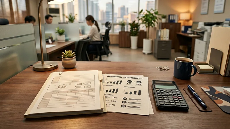 금리 비교 서류와 계산기가 놓인 은행 상담 책상