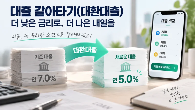 기존 대출에서 더 낮은 금리의 새 대출로 갈아타는 대환대출 개념과 모바일 대출 비교 서비스를 보여주는 금융 장면 이미지