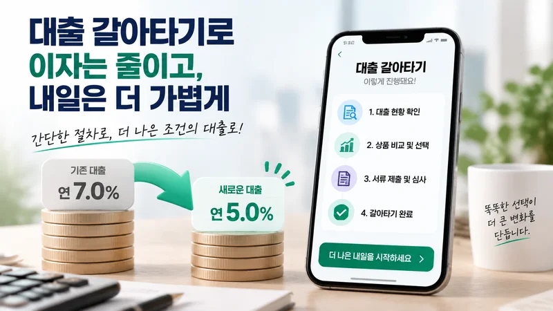 대출 갈아타기로 이자 부담을 줄이고 간편한 4단계 신청 절차를 통해 더 나은 조건을 선택하는 과정을 표현한 이미지
