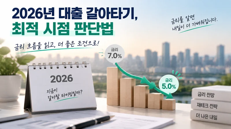 2026년 금리 흐름을 확인하며 적절한 대출 갈아타기 시점을 판단하는 모습을 달력과 금리 하락 아이콘으로 표현한 금융 이미지