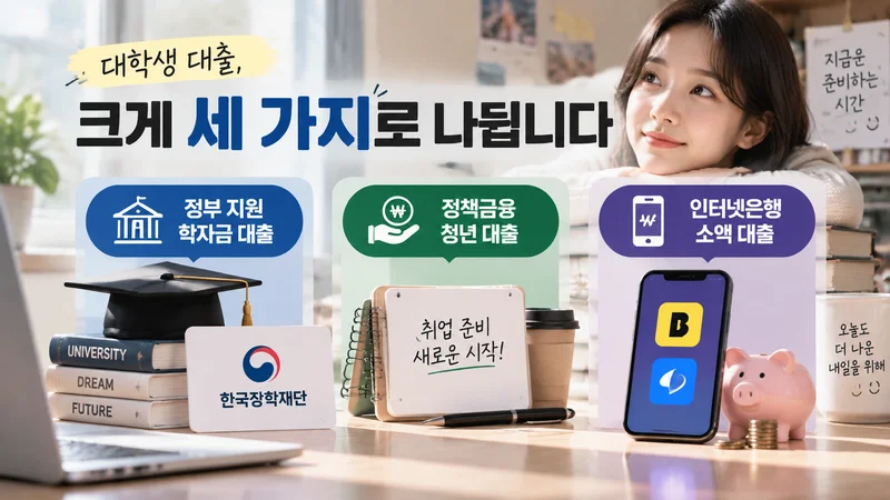 생활비 부족 상황에서 소액 대출 상품을 비교하는 대학생과 모바일 금융 서비스를 표현한 이미지