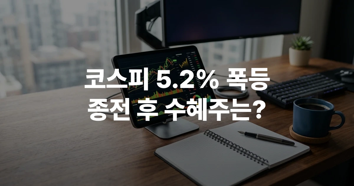 코스피 지수 급등 분석을 나타내는 주식 시장 차트와 금융 서류 이미지