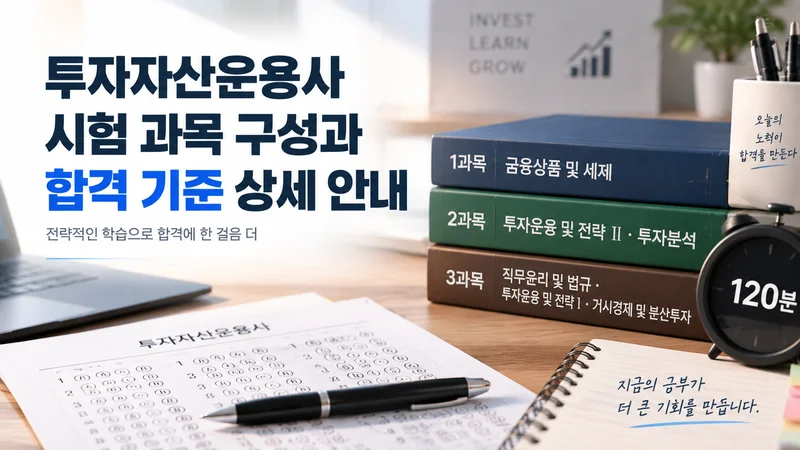 투자자산운용사 시험 과목 구성과 합격 기준을 설명하는 이미지로 과목별 교재와 시험 답안지, 120분 타이머가 있는 학습 공간을 보여주는 장면