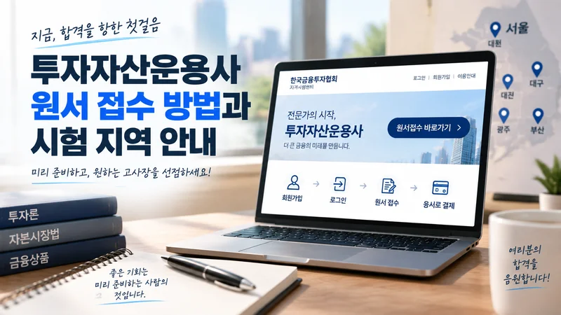 투자자산운용사 원서 접수 방법과 시험 지역 안내를 표현한 이미지로 온라인 접수 화면이 표시된 노트북과 시험 준비 자료를 담은 장면