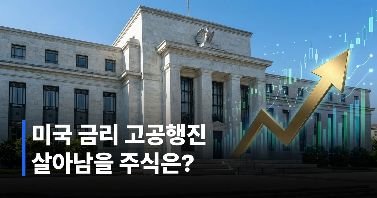 미국 연방준비제도 건물과 상승하는 금리 그래프 일러스트