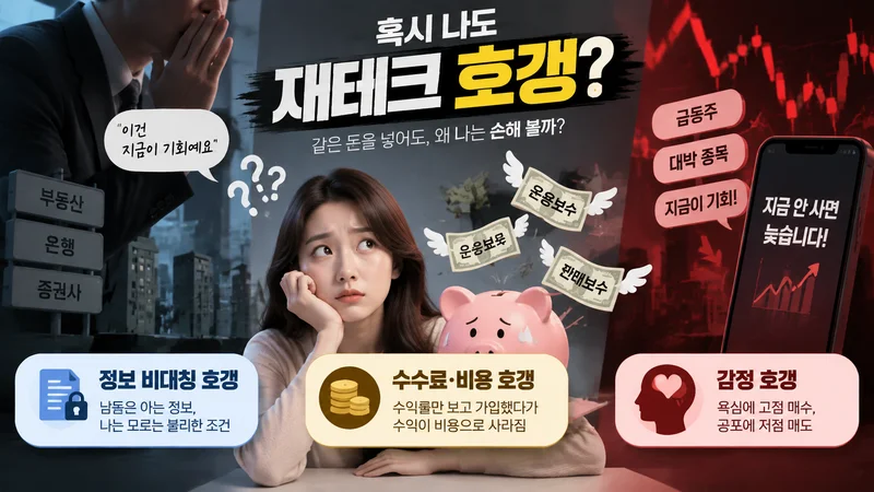정보 비대칭·수수료 비용·감정 투자로 발생하는 재테테크 호갱 유형을 보여주는 금융 교육 이미지