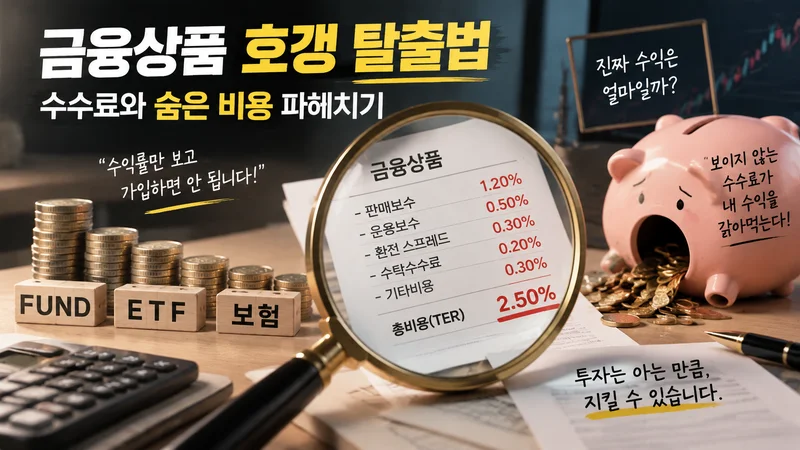 금융상품의 숨은 수수료와 비용 구조를 돋보기로 확인하며 투자 손실을 예방하는 모습을 표현한 이미지