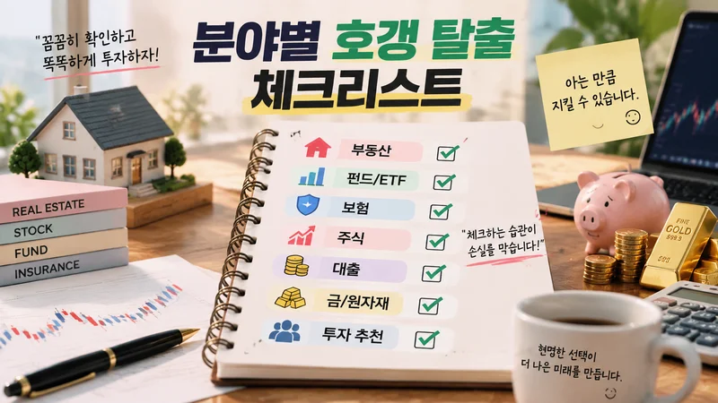부동산·펀드·ETF·보험·주식·대출·금 등 분야별 재테크 체크리스트를 확인하는 금융 관리 이미지