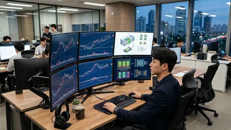 듀얼 모니터에 주가 차트와 주식 분석 도구가 띄워진 오피스 주식 투자 데스크 환경