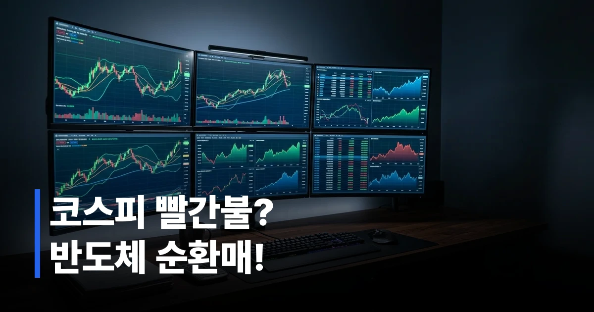 코스피 전망 및 반도체 관련주 순환매 장세 투자 전략 분석을 위한 트레이딩 데스크 모습