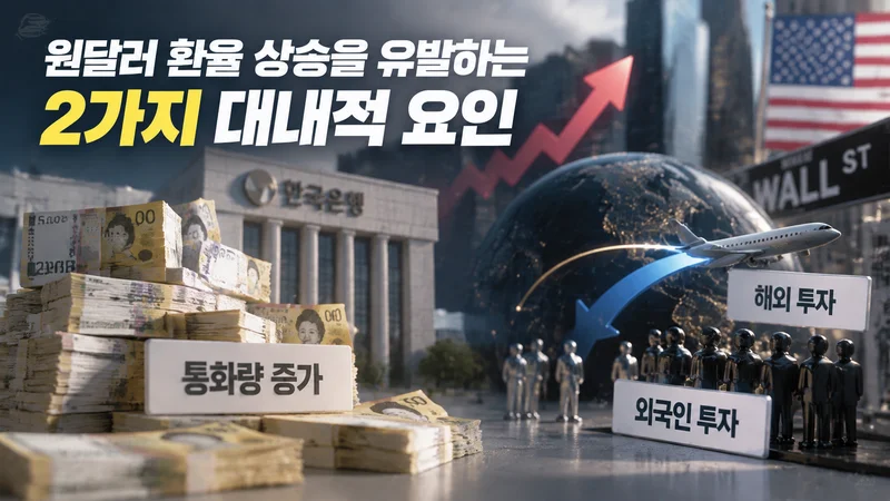 국내 통화량 증가와 외국인 투자 흐름이 원달러 환율 상승에 영향을 주는 대내적 요인을 표현한 금융 이미지