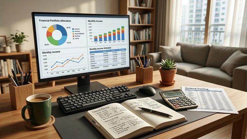 한국 투자자의 ETF 포트폴리오 화면과 월별 분배금 달력이 놓인 홈 오피스 책상