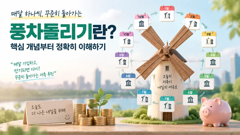 매달 새로운 적금을 개설하고 만기 자금을 재투자하는 적금 풍차돌리기 과정을 단계별 계단 형태로 표현한 이미지