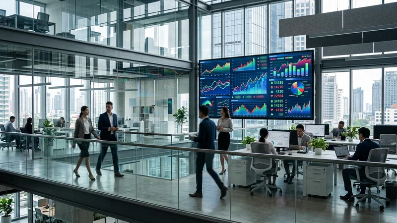 현대적인 사무실 내부의 실시간 주식 전광판 이미지