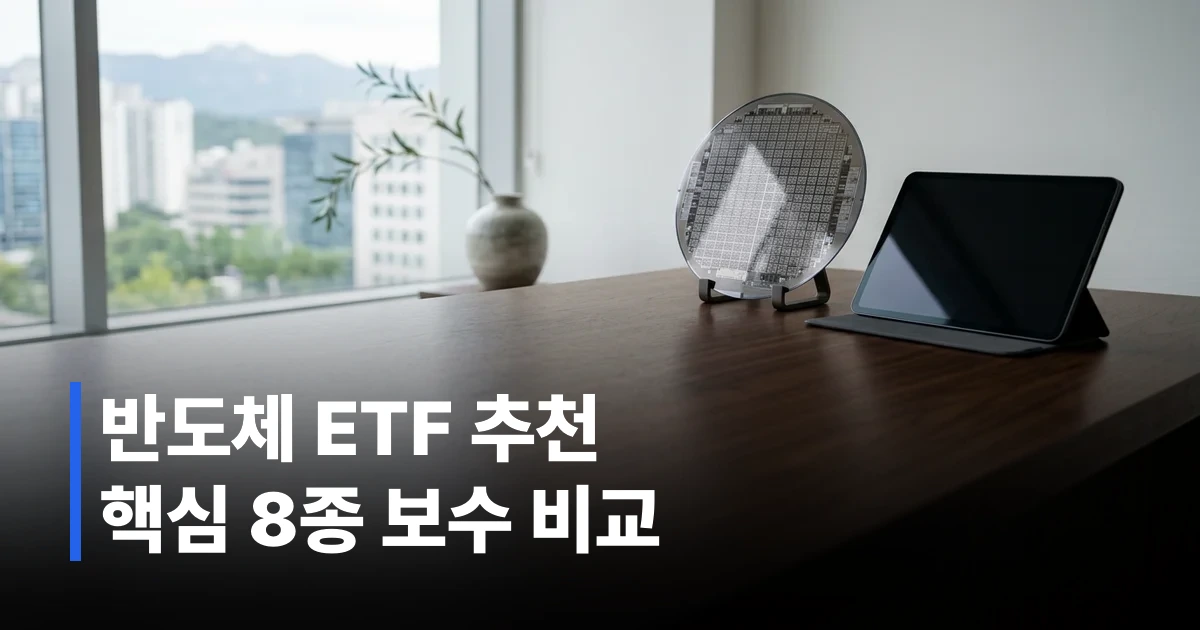 반도체 웨이퍼와 태블릿이 놓인 어두운 나무 책상