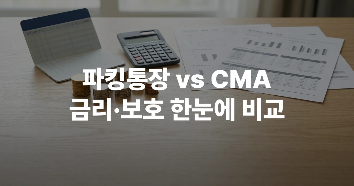 파킹통장과 CMA 금리 비교 - 은행 통장, 계산기, 금융 서류가 놓인 책상