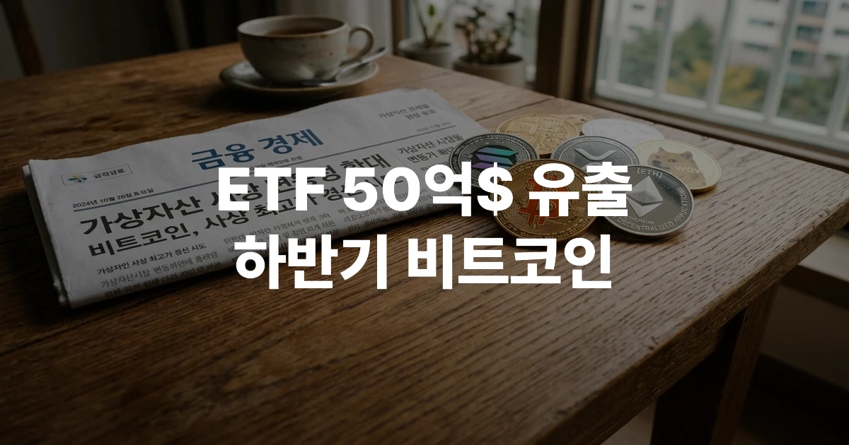 비트코인 동전들과 금융 신문이 놓여 있는 책상 썸네일 이미지
