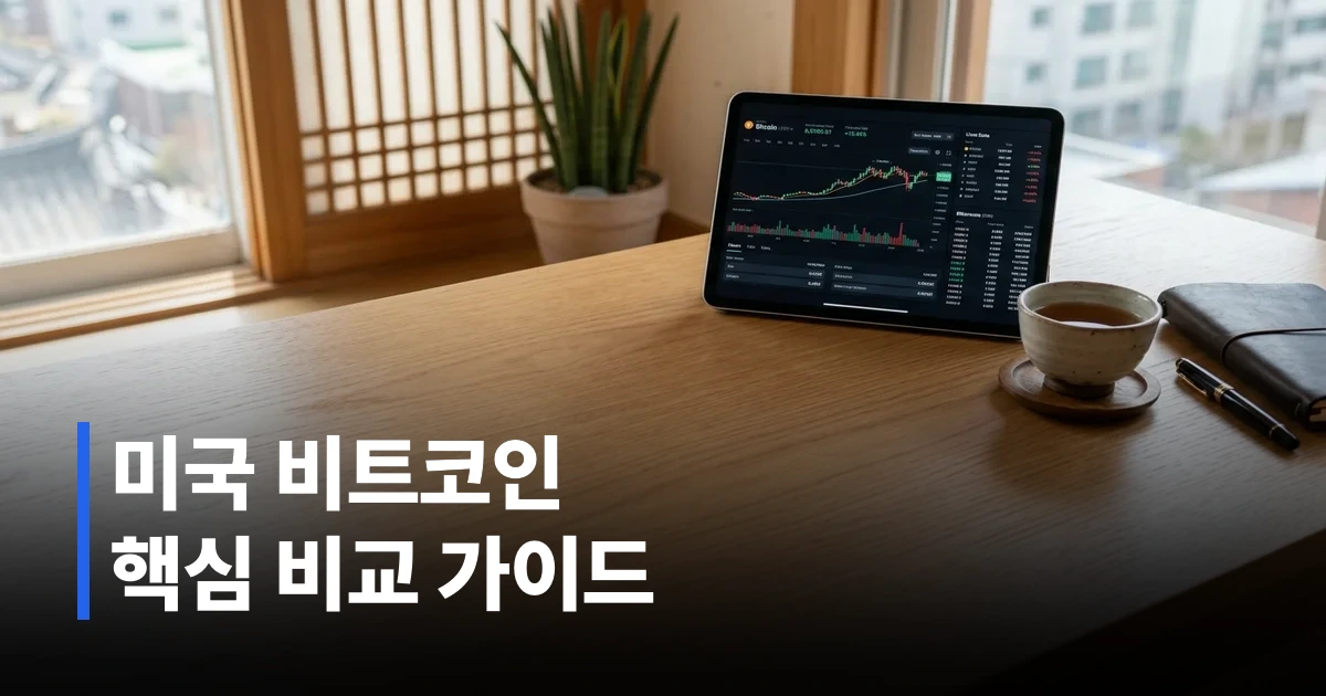 나무 책상 위에 가상자산 차트가 표시된 디지털 태블릿과 필기도구