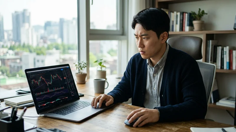 노트북 화면으로 주식 시장 차트를 분석하는 한국인 남성의 모습