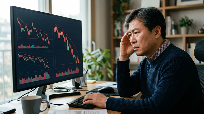 모니터 화면의 하락하는 주식 시장 차트를 걱정스럽게 바라보고 있는 한국인 투자자