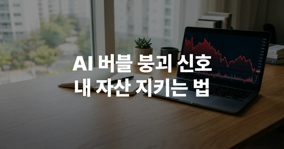 하락하는 주가 차트가 보이는 노트북과 필기구가 놓인 책상
