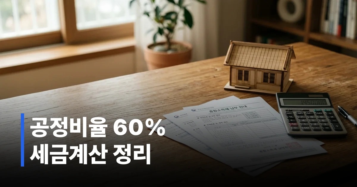 계산기와 부동산 세금 고지서, 집 모형이 놓인 책상