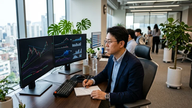모니터 화면을 보며 주식 시장 그래프를 분석하는 한국인 투자자