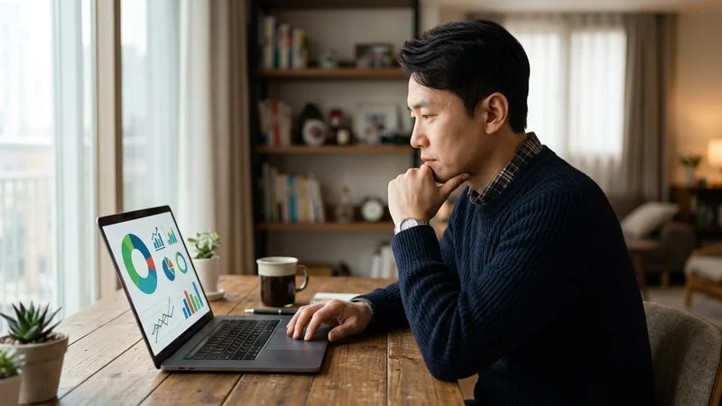노트북으로 자신의 월배당 ETF 포트폴리오를 점검하는 한국인 남성