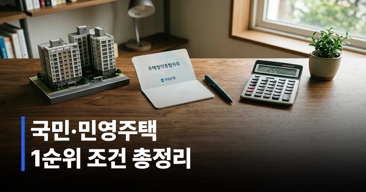 청약통장과 계산기, 아파트 모형이 놓인 책상