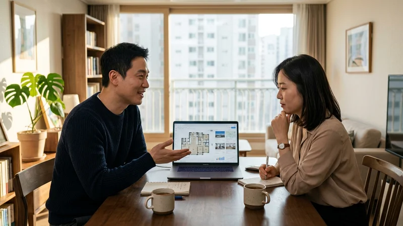 거실에서 노트북 화면으로 아파트 도면을 보며 이야기를 나누고 있는 한국인 신혼부부
